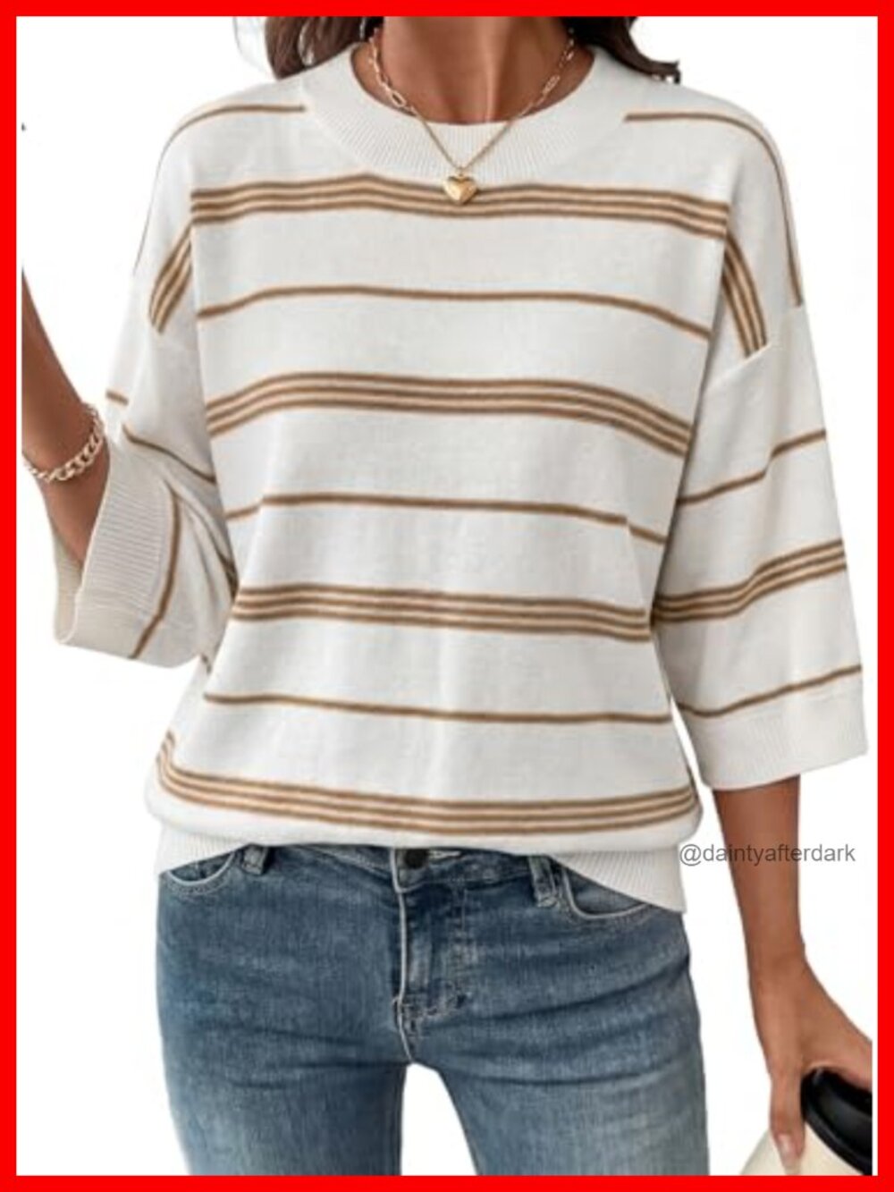 Oversized 3/4 Sleeve Striped Knit Pullover Sweater